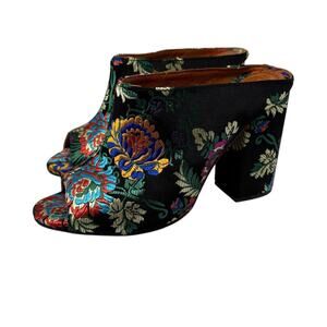 Renvy Black Floral Embroidered Satin Block Heel Open Toe Mules 9 Made In Spain
